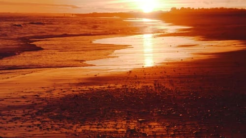 Warm Sunlight Glows Over a Tranquil Beach During Sunset