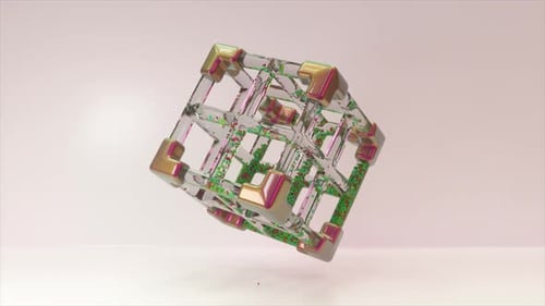 Estrutura de cubo 3D reluzente gira sua moldura vítrea cheia de partículas dinâmicas vibrantes