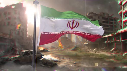 Iran Flag And War Background Destroyed Megalopolis