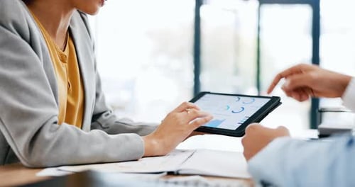 Business people, hands and tablet for analytics, meeting or collaboration in teamwork at the office