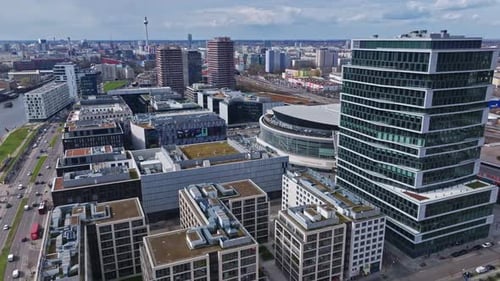 Aerial view of modern buildings on the bank of spree river , Berlin
