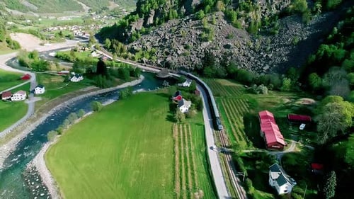 Aerial View Of A Railway In The Picturesque Village Of Flam In Norway.