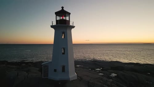 Aerial View Peggy's Cove Lighthouse at Dusk Nova Scotia Canada