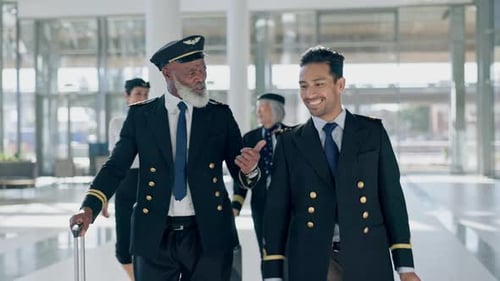 Travel, pilot and teamwork with people in airport for journey, transportation and flight