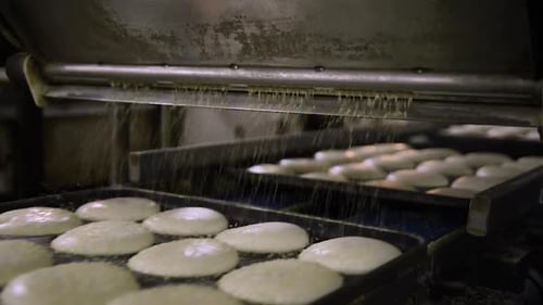 Trays of dough sprayed with ingredients while traveling on belts inside bread factory.