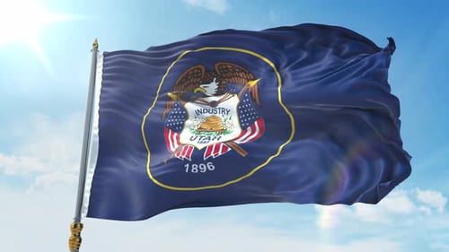 Realistic Waving Utah State Flag with Blue Sky Background