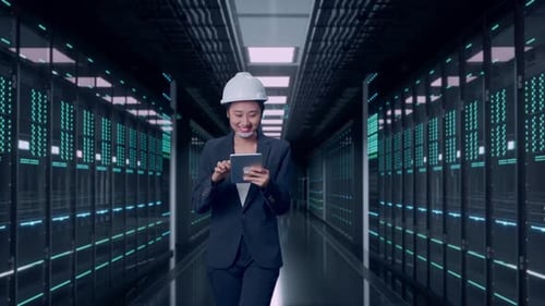 Asian Businesswoman Use Tablet While Walking in Data Center