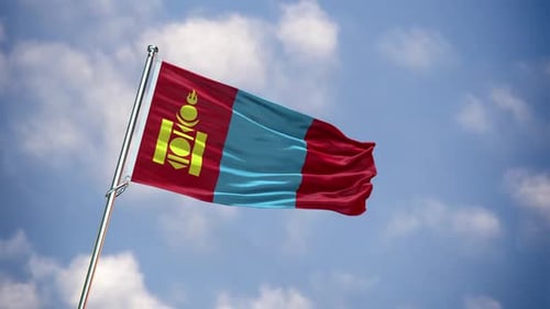Realistic Mongolia Flag Waving Against Blue Sky