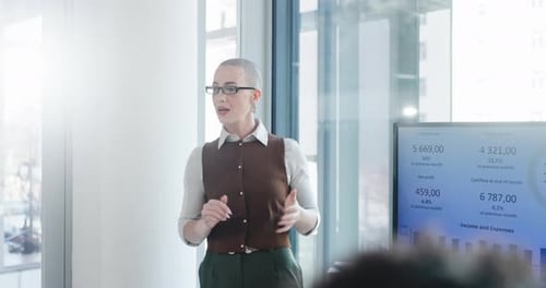 Business, presentation and woman in office, financial agency and charts for company revenue