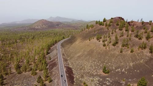Car Driving on Volcanic Road, Aerial View in Tenerife, Canary Islands