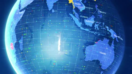 Futuristic Digital Earth Globe with Country Zoom and Data Grid