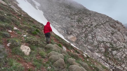 Person Hiking on a Rocky Snowy Mountain