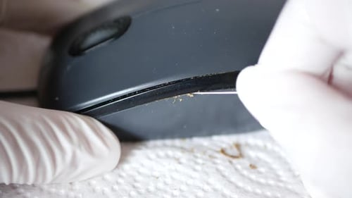 Static tripod clip of a man with a glove cleaning mouse at office / home to disinfect and clean out