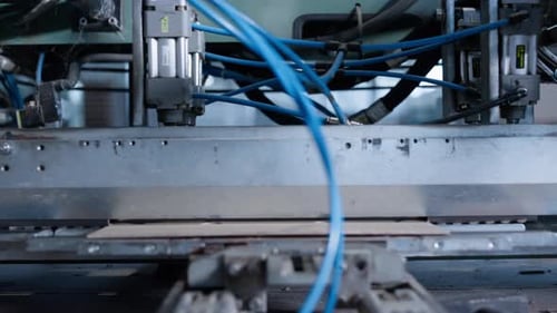 Manufacture Factory Cardbox Production Process at Technological Facility Closeup. Close Up Of