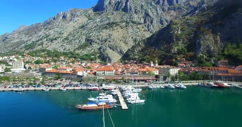 Aerial drone footage of the old town of Kotor, Montenegro. Travel destinations in Montenegro