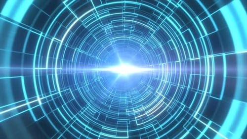 Blue digital tunnel with concentric lines and central light source, creating a sense of depth
