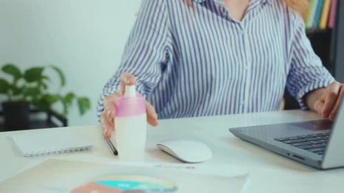 Close Up Hands Young Woman Applying Sanitize Spray Before Use Laptop Computer Work Office Corona