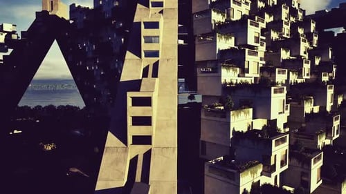 Contemporary Concrete Towers Overlooking Water with Geometric Designs