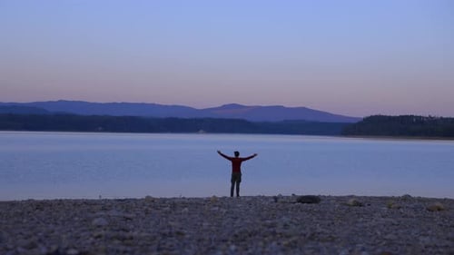 Joyful Man In Nature Happy Camping Mountial Lake Water Relfection Calm