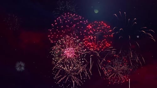 Real Fireworks Explosion on Smoke Foggy Black Motion Background Loop Sky on Fireworks Explosion