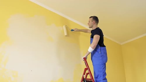 Young painter doing house renovation. Handsome worker painting new wall.