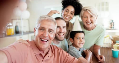Birthday selfie with grandparents, parents and child, happy family celebrate with smile