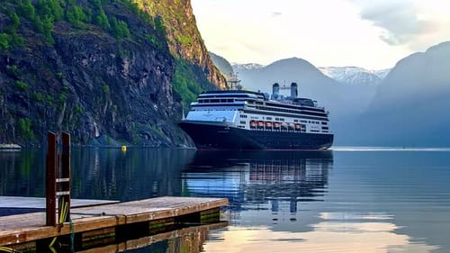 Giant cruise ship approaching the port of Flam in the Aurlandsfjord. Timelapse