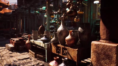 Vibrant Market in a Small African Town Showcasing Handcrafted Pottery and Goods