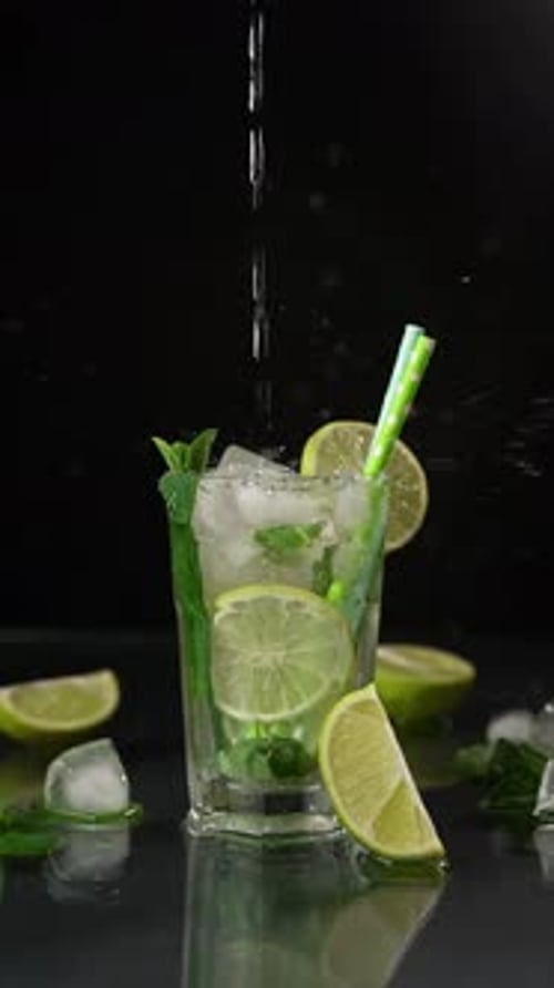 A Pouring Stream of Water into a glass of Mojito against a black background. Slow mo 120fps