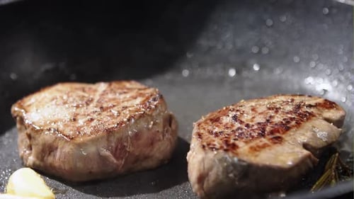 Beef Steak in Pan in the Kitchen