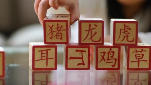 Child Stacking Wooden Blocks with Chinese Characters