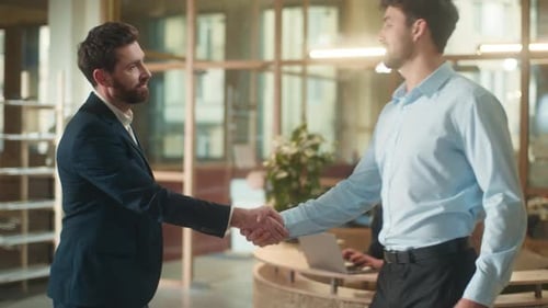 Business Men Shaking Hands Handshake in Office Two Smiling Businessmen Shake Arms Guys Agreement