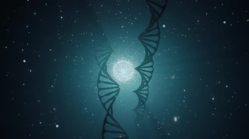 3D rendered animation of rotating DNA molecule on blue background. Genetics concept