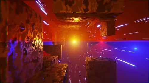 Tunnel abstrait futuriste avec des blocs et des cubes lumineux volants, boucle transparente