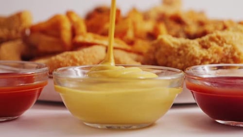 Mustard Pouring into Bowl with Chicken Nuggets and Fries