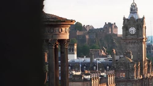 Edinburgh from the Calton Hill with the Dugald Stewart Monument in the foreground amazing sunset clo