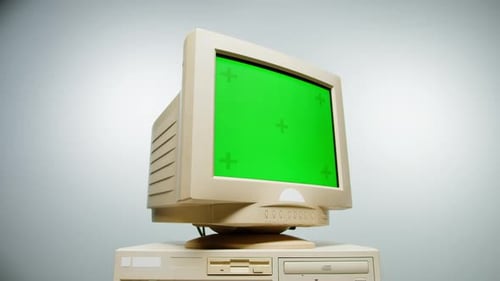 PC retro con clave cromática, pantalla verde, estudio de computadora antiguo, primer plano, escritorio, pantalla de onda retro vintage