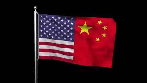Flags of USA and China Waving Together on Flagpole