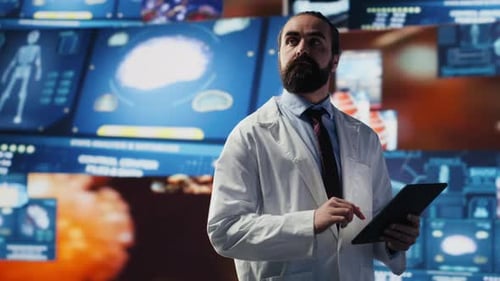 Medical Professional Works with Tablet in Tech Office