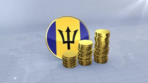 Barbados Flag With Plain Gold Coins Tower