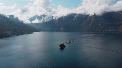 Aerial view of Our Lady of the Rocks or Gospa od Skrpjela and Catholic monastery Saint George