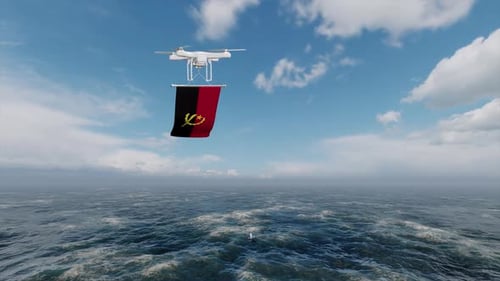 Drone Flying Over Ocean With Angola Flag