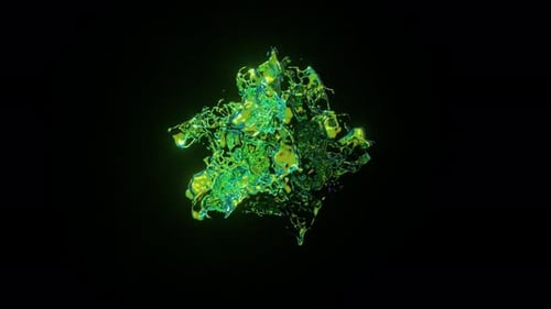 Eine grüne Flüssigkeitsexplosion in einer 3D-Animation, die einen dynamischen Spritzer mit hoher Detailgenauigkeit gegen ein tiefes Schwarz einfängt