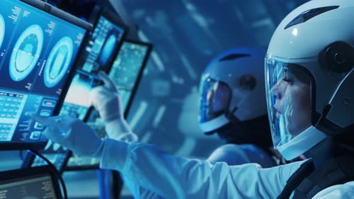 Team of Astronauts in a Space Suits Aboard the Orbital Station A Crew of Cosmonauts Piloting the
