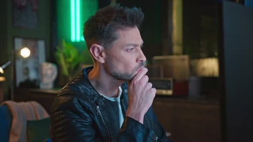 Footage of Serious Focused Smart Caucasian Man in Stylish Outfit Sitting at Computer at Home in