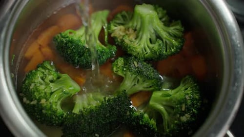 Broccoli and Carrots in a Steel Pot