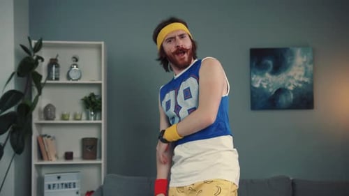 A Retro Fitness Enthusiast Who is Proudly Wearing Colorful Vintage Workout Gear with Flair