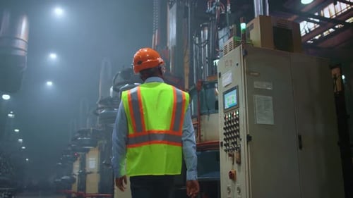 Man Professional Supervisor Analysing Huge Metal Construction Work At Storage. Black Hair Calm Af...