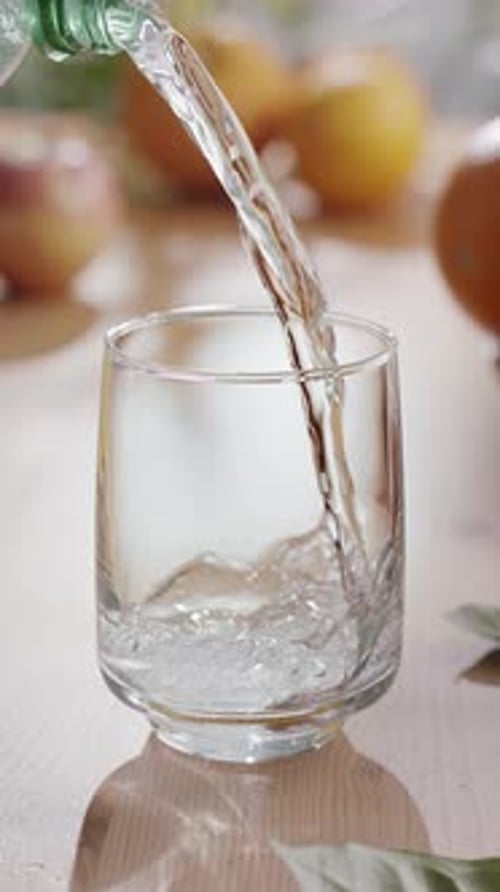 Fizzy water is poured into a glass from a plastic bottle close up.