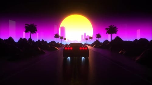 Voiture Synthwave conduisant sur une route avec vue sur le coucher du soleil. Fond de gratte-ciel.Paysage urbain au néon. Rétro années 80s.Loop